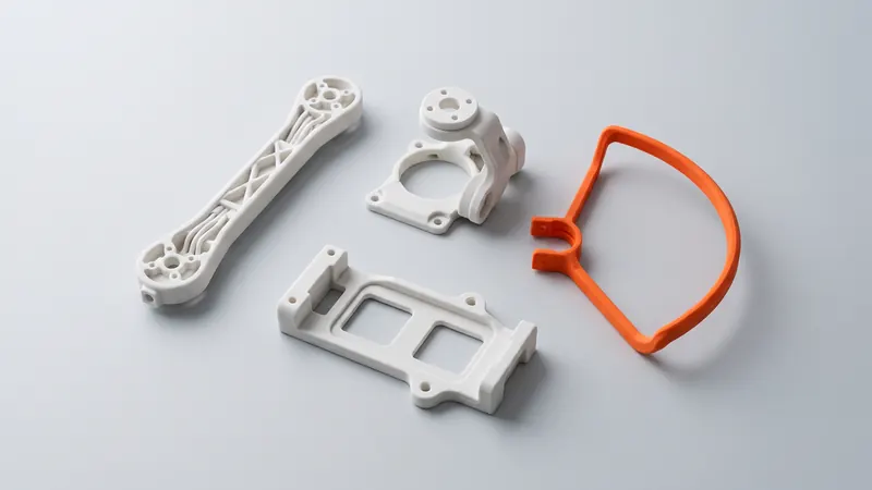 Braccio per drone, supporto per fotocamera e vassoio per batteria in nylon SLS bianco con un paraelica arancione