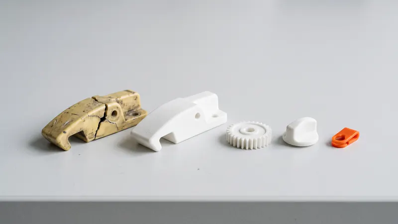 A broken old plastic latch next to its white SLS nylon replacement part, a gear and an orange clip