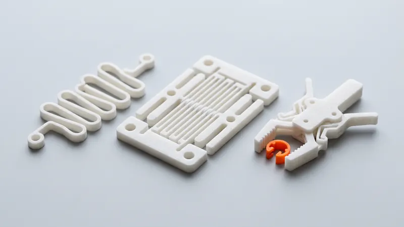 Ressort plat en nylon SLS blanc, platine de flexion et pince flexible monobloc avec un clip orange