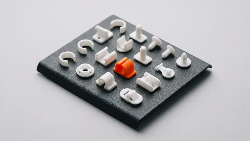 White SLS nylon clips and brackets on a dark-gray interior trim panel, one clip orange