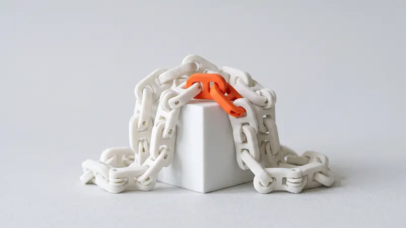 Catena articolata in nylon SLS bianco stampata già assemblata, drappeggiata su un cubo, con una maglia arancione