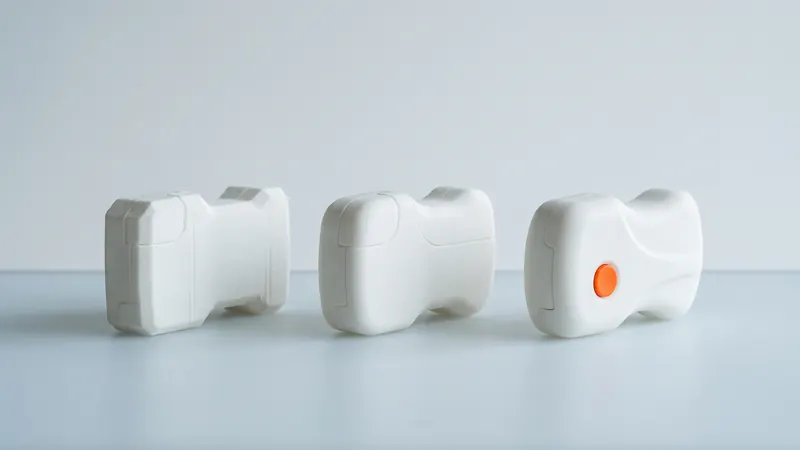 Tre vita SLS-prototypiterationer av ett hölje i rad, den sista med en orange knapp