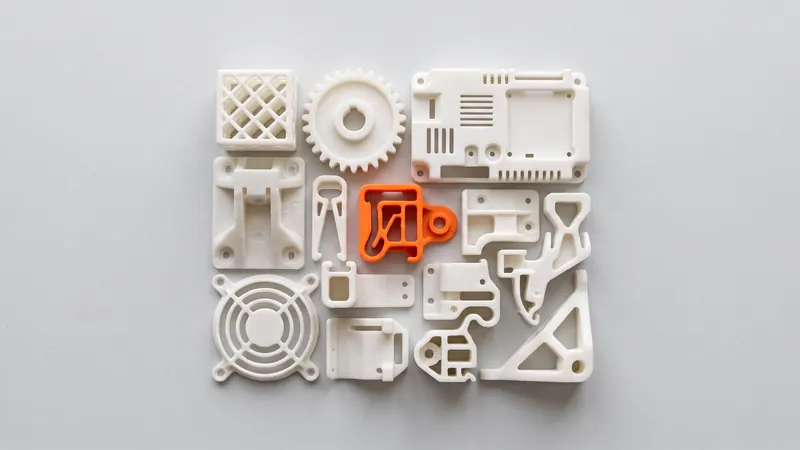 White SLS nylon parts of different shapes nested together like a puzzle, one part dyed orange