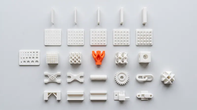 SLS design test pieces laid out in a grid: thin walls, pins, holes, lattices and one orange part