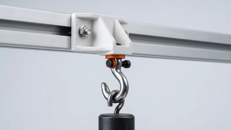 Ribbed white SLS nylon bracket on an aluminum profile carrying a steel hook and weight
