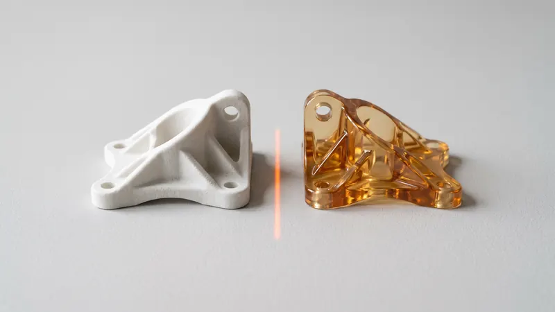 Samma fäste i matt vit SLS-nylon och i klar bärnstensfärgad resin, sida vid sida
