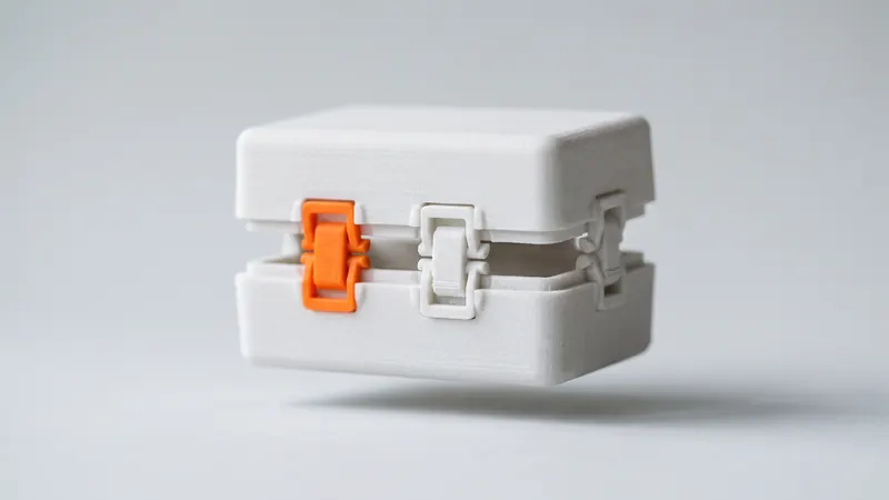 White SLS nylon enclosure halves closed with cantilever snap-fit hooks, one clip dyed orange