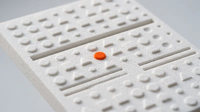 Nahaufnahme von geprägten und gravierten Formen auf einer weißen SLS-Nylon-Platte, ein Punkt orange